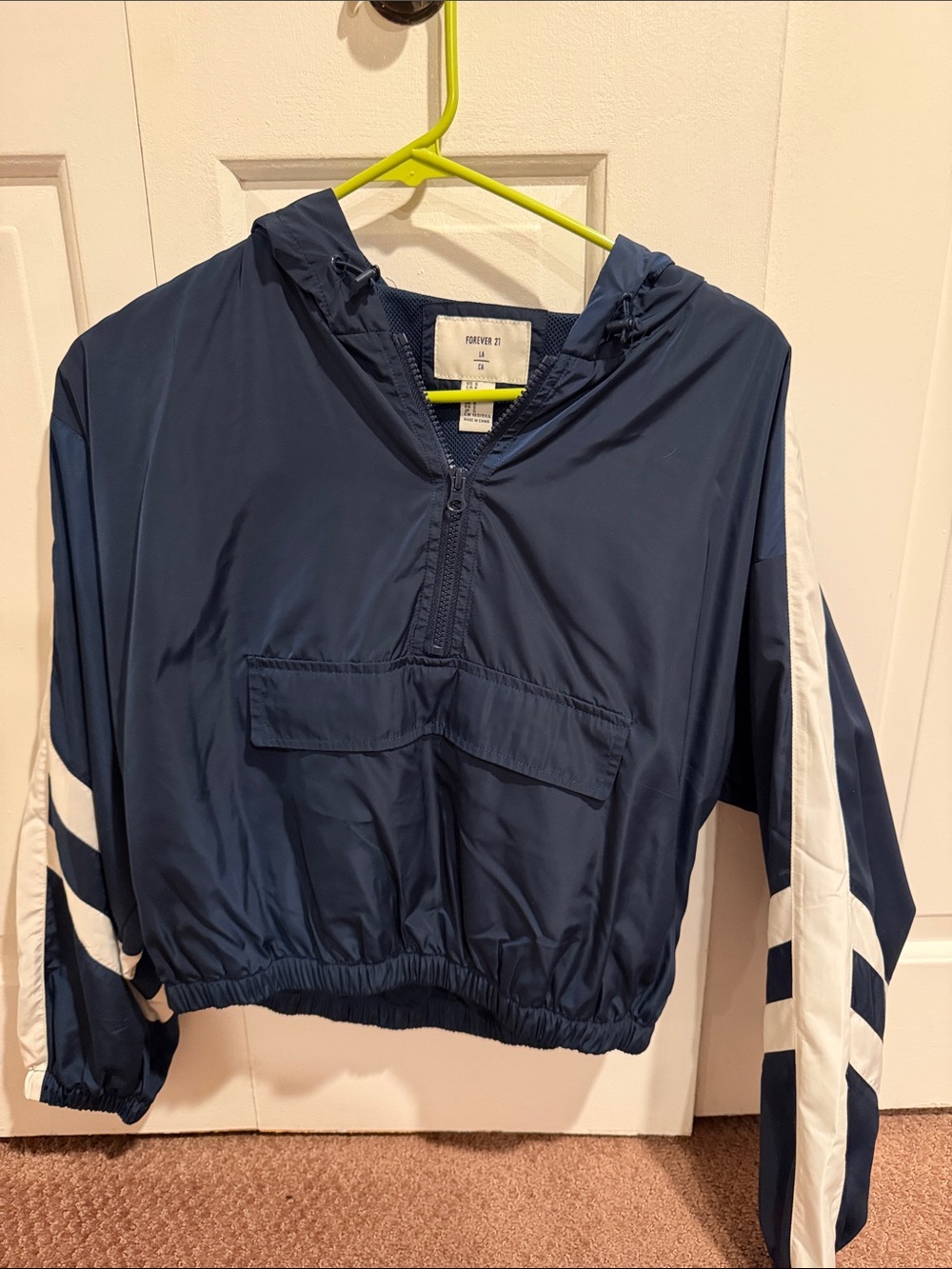 Forever 21 Kids Navy Hooded Windbreaker with White Sleeve Stripes